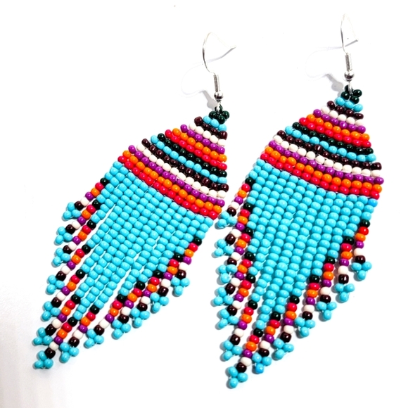 Hand Crafted Jewelry - Handmade Turquoise Blue Tribal Patterned Fringe Seed Bead Earrings